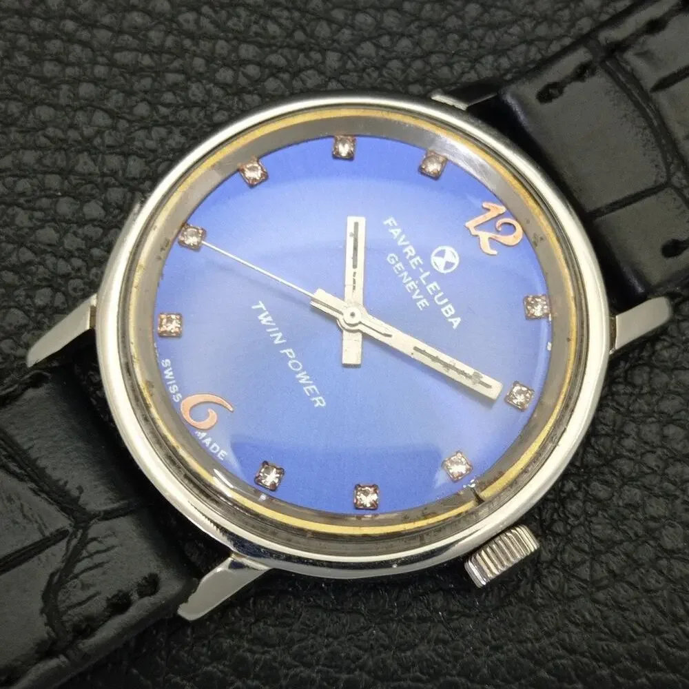 Vintage 1965 Favre Leuba Twin Power Manual Mens Silver Watch W/Leather Strap